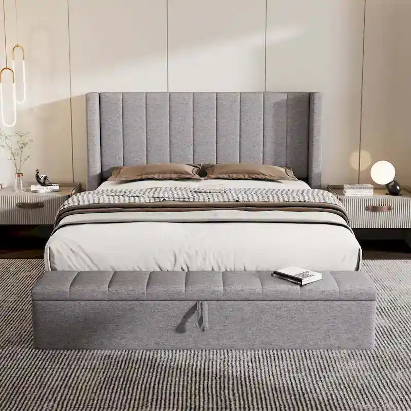 Lit Queen Size capitonné avec tête de lit et rangement