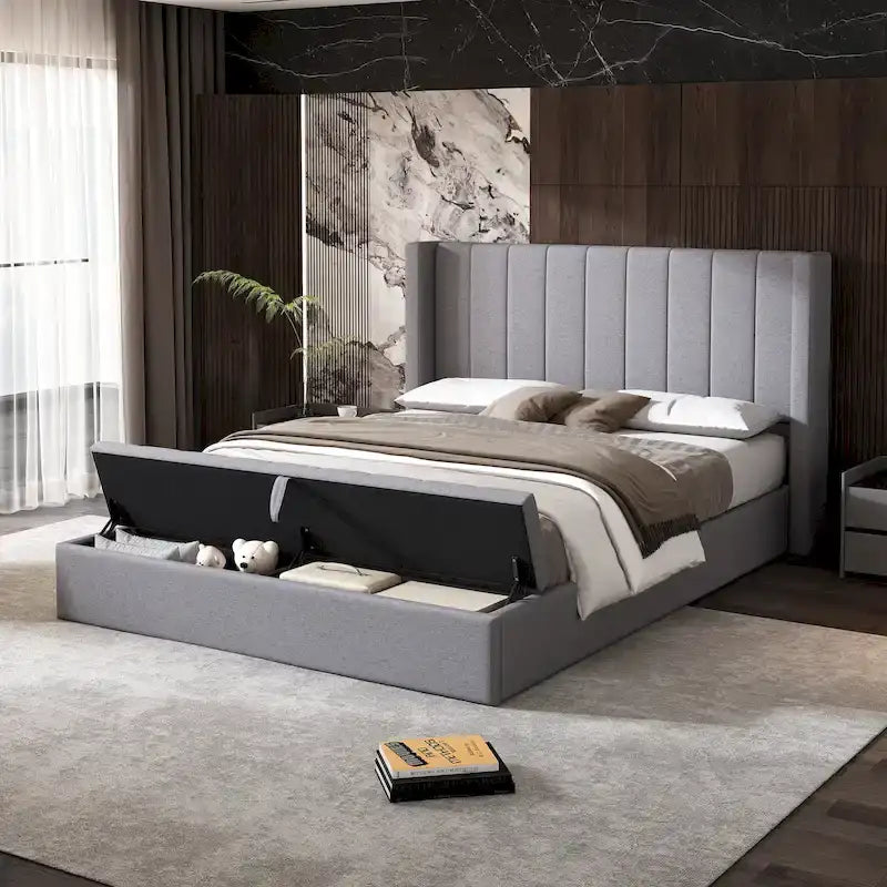 Lit Queen Size capitonné avec tête de lit et rangement