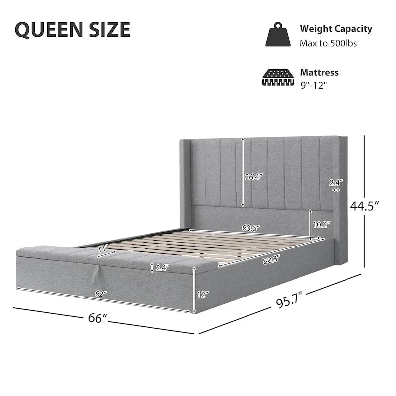 Lit Queen Size capitonné avec tête de lit et rangement
