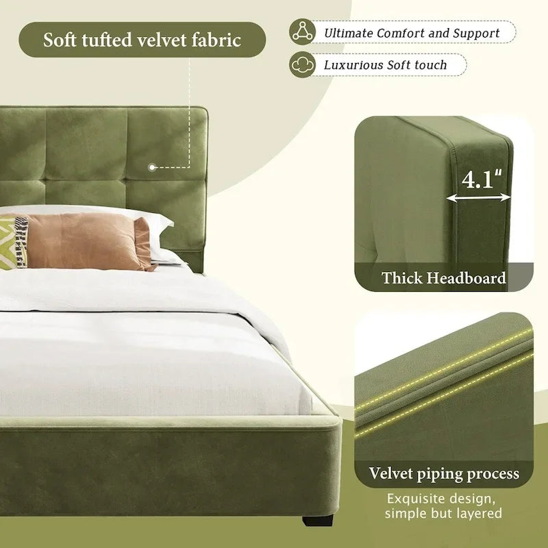 Cadres de lit King Size en velours, plateforme de lit rembourrée
