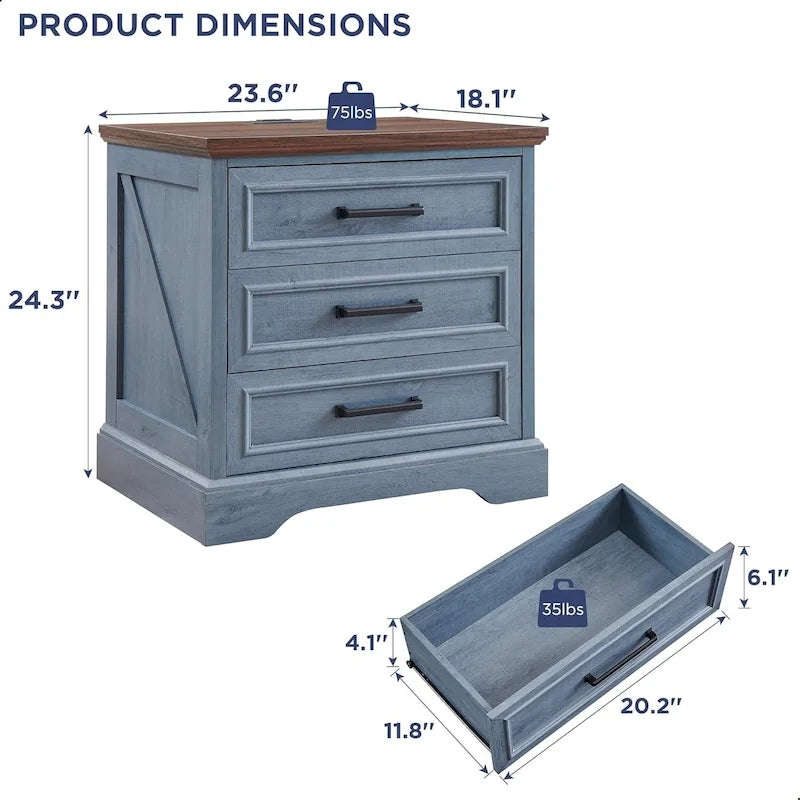 Table de chevet rustique à 3 tiroirs, table d'appoint large avec station de charge