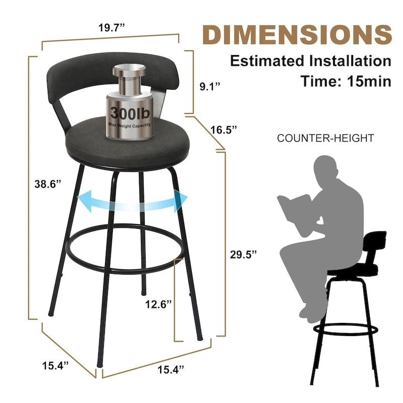 Tabourets de bar industriels pivotants en métal hauteur comptoir