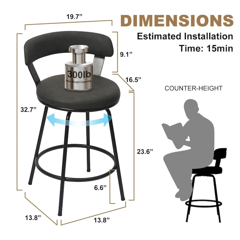 Tabourets de bar industriels pivotants en métal hauteur comptoir