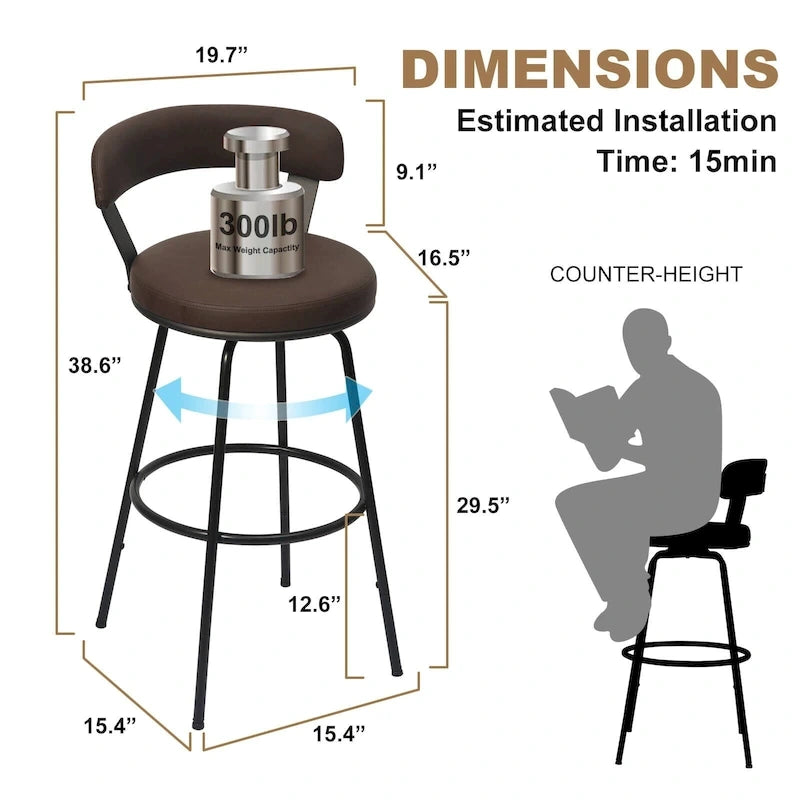 Tabourets de bar industriels pivotants en métal hauteur comptoir