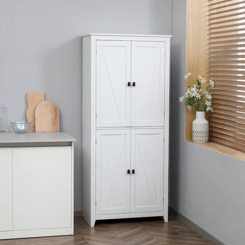 Garde-manger de cuisine autoportant à 4 portes de 183 cm, armoire de rangement organisatrice à 4 niveaux et étagères réglables, blanc
