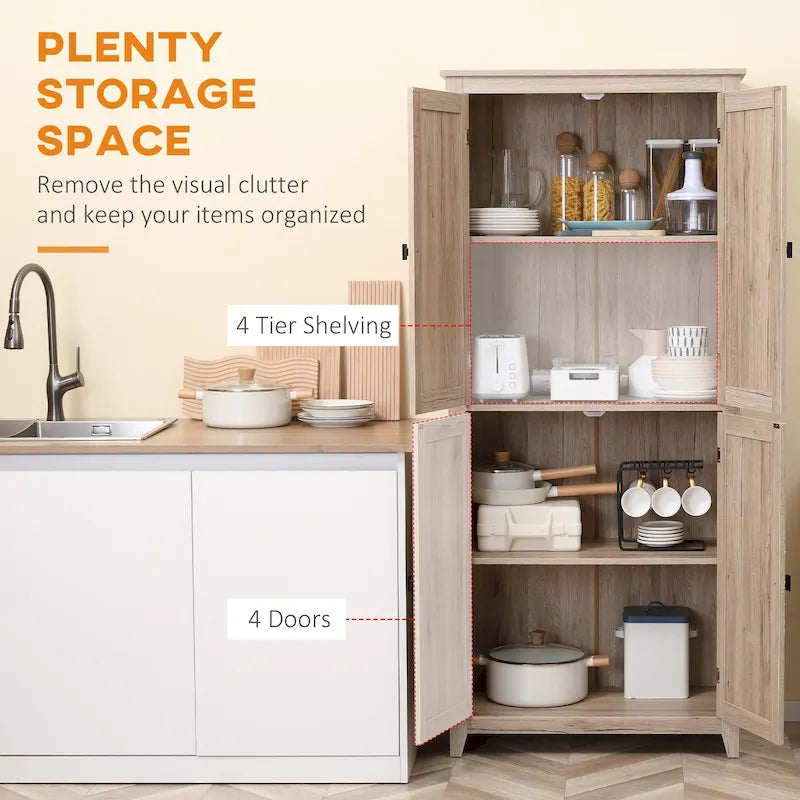 Garde-manger de cuisine autoportant à 4 portes de 183 cm, armoire de rangement organisatrice à 4 niveaux et étagères réglables, blanc