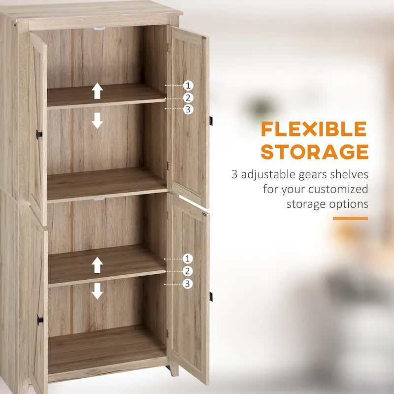 Garde-manger de cuisine autoportant à 4 portes de 183 cm, armoire de rangement organisatrice à 4 niveaux et étagères réglables, blanc