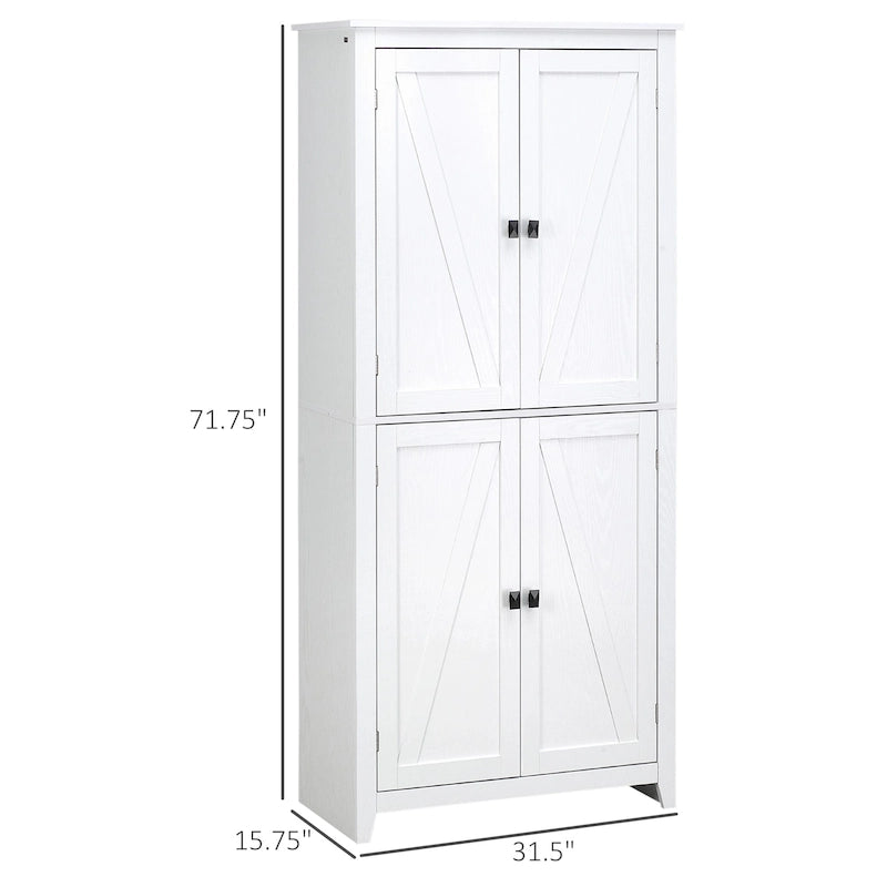 Garde-manger de cuisine autoportant à 4 portes de 183 cm, armoire de rangement organisatrice à 4 niveaux et étagères réglables, blanc