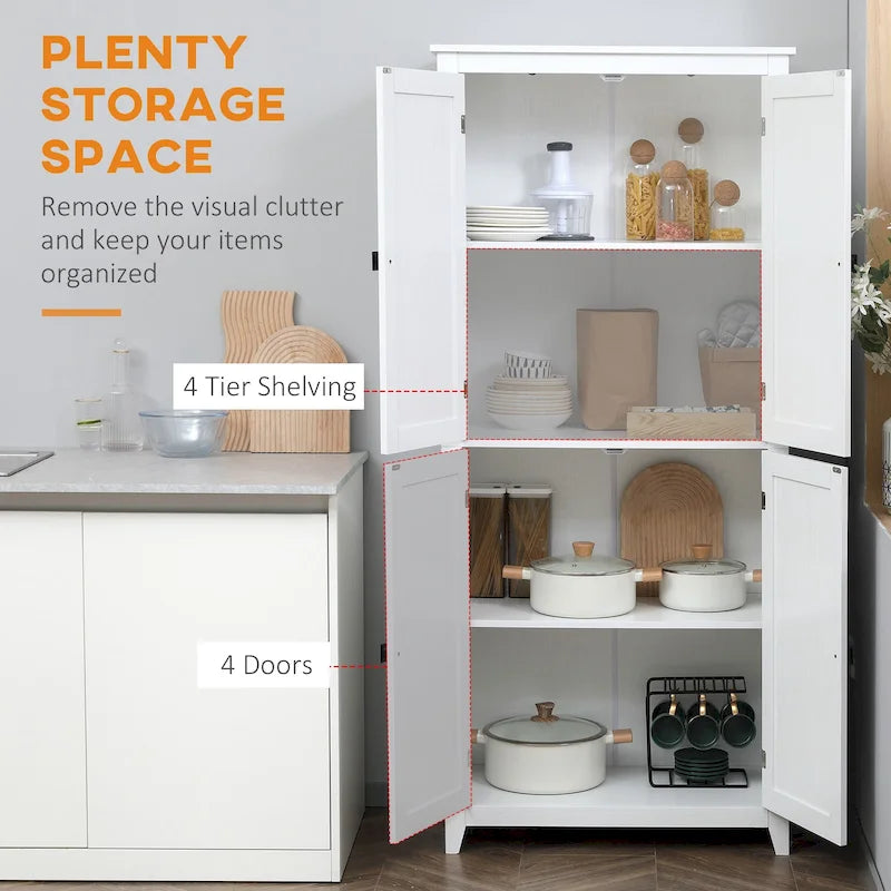 Garde-manger de cuisine autoportant à 4 portes de 183 cm, armoire de rangement organisatrice à 4 niveaux et étagères réglables, blanc