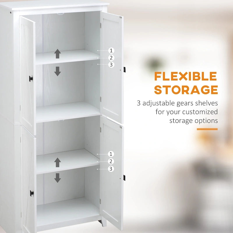 Garde-manger de cuisine autoportant à 4 portes de 183 cm, armoire de rangement organisatrice à 4 niveaux et étagères réglables, blanc