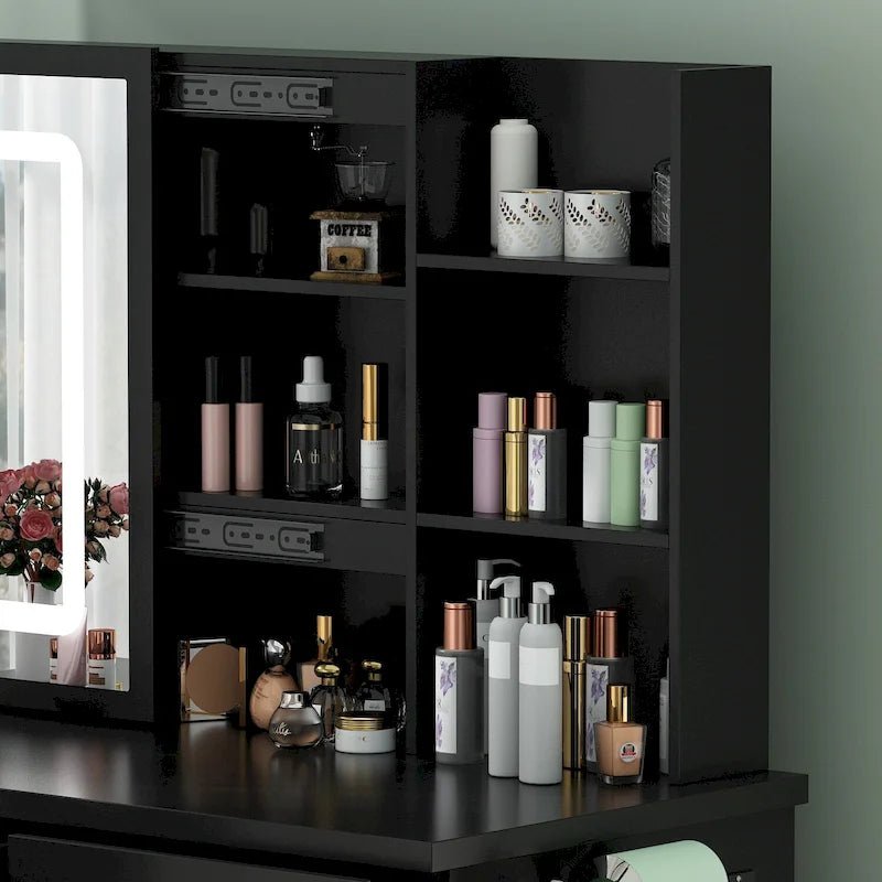 Coiffeuse avec miroir de maquillage éclairé et station de charge