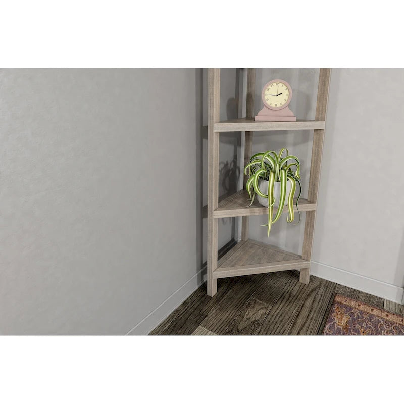 Étagère d'angle haute en bois avec 4 tablettes, gris délavé