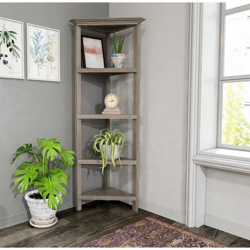 Étagère d'angle haute en bois avec 4 tablettes, gris délavé