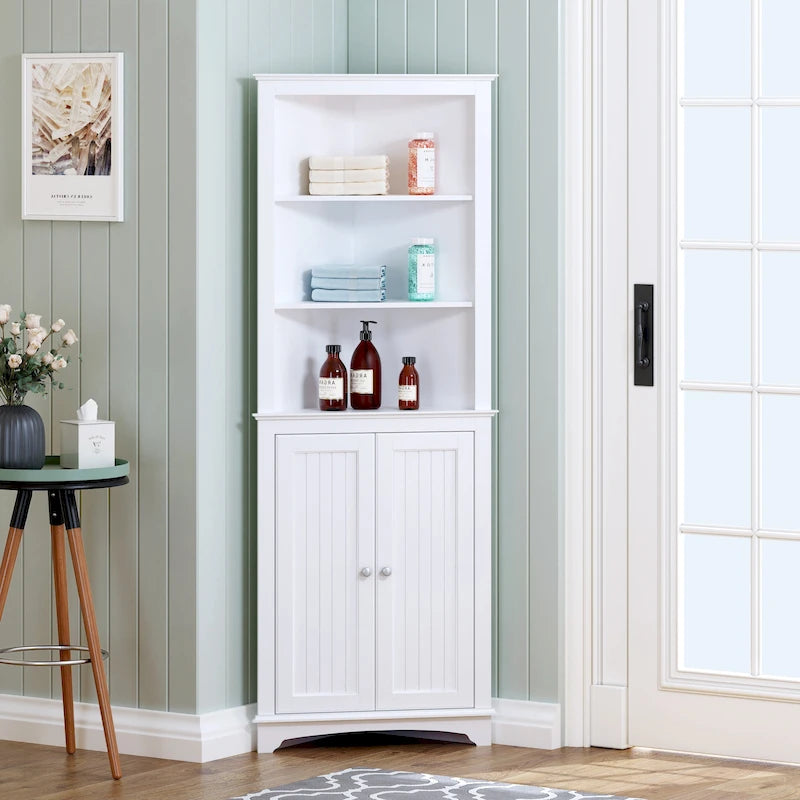 Rangement de salle de bain, Armoire d'angle haute avec 2 portes et 3 étagères, Blanche