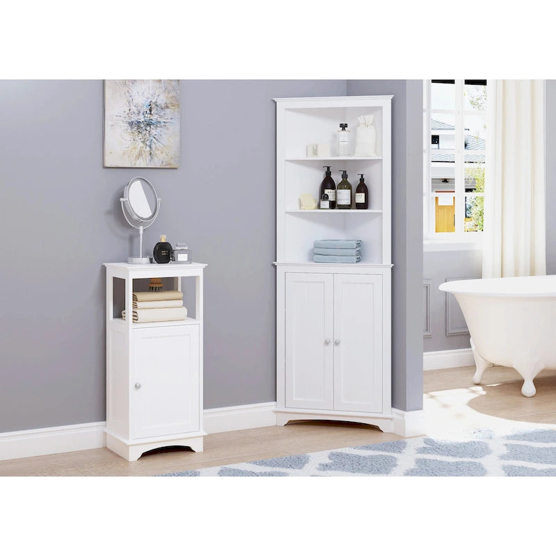 Rangement de salle de bain, Armoire d'angle haute avec 2 portes et 3 étagères, Blanche