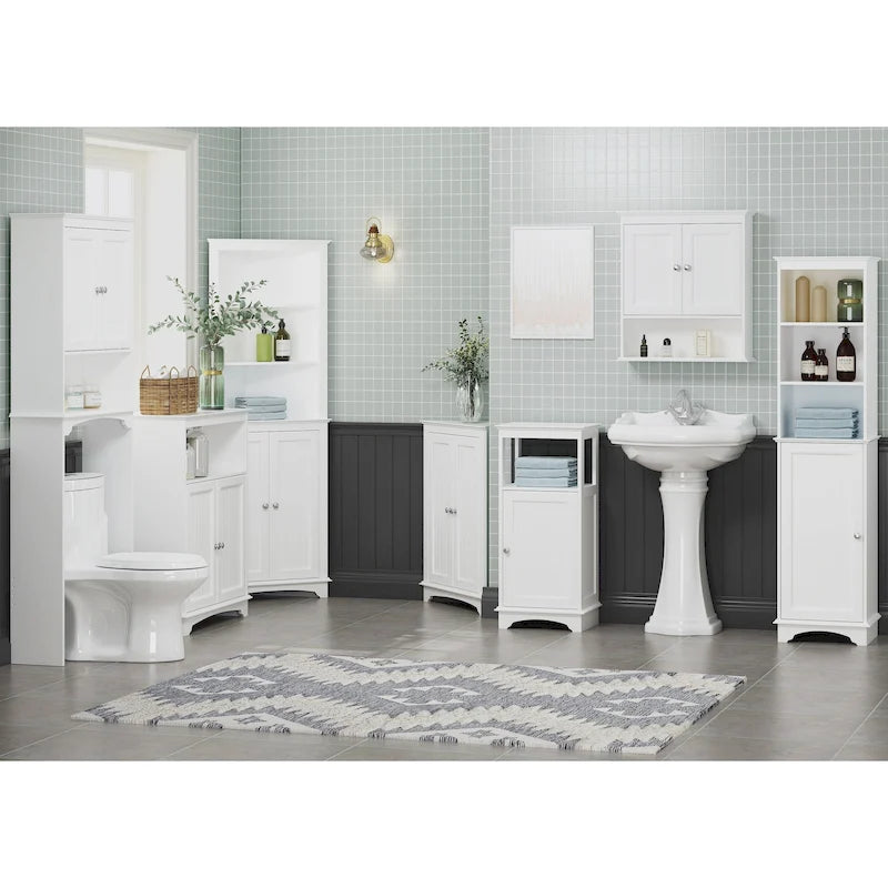 Rangement de salle de bain, Armoire d'angle haute avec 2 portes et 3 étagères, Blanche