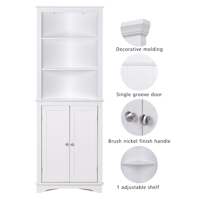 Rangement de salle de bain, Armoire d'angle haute avec 2 portes et 3 étagères, Blanche