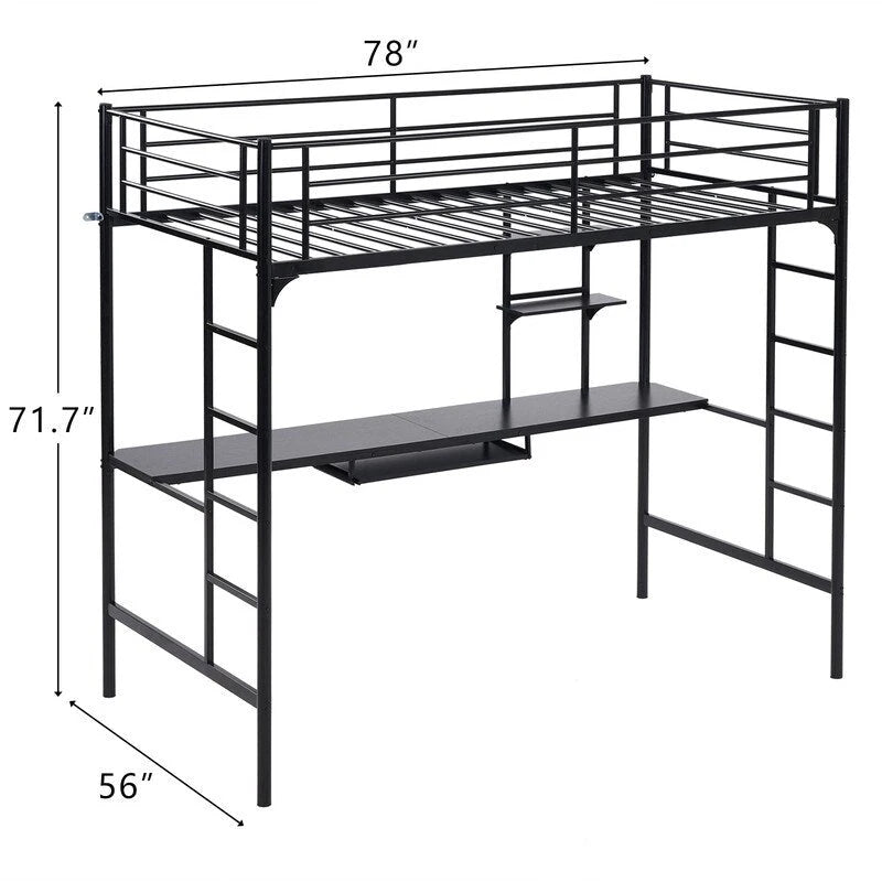 Lit mezzanine en métal avec bureau et étagères