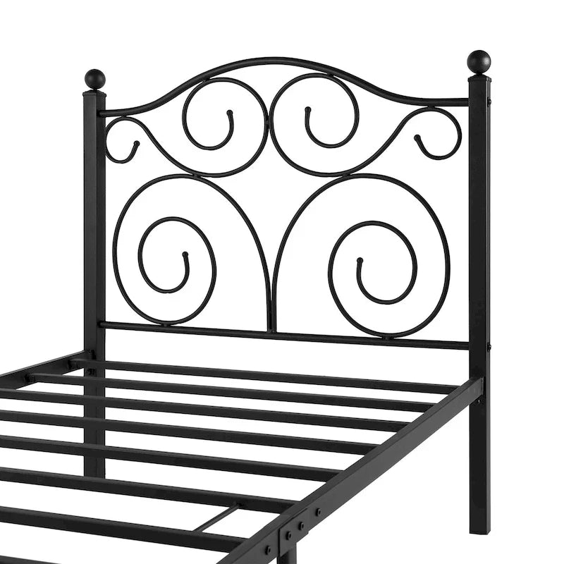 Cadre de lit en métal avec tête et pied de lit arqués, support à lattes en acier robuste, aucun sommier tapissier requis