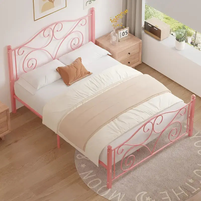 Cadre de lit en métal avec tête et pied de lit arqués, support à lattes en acier robuste, aucun sommier tapissier requis