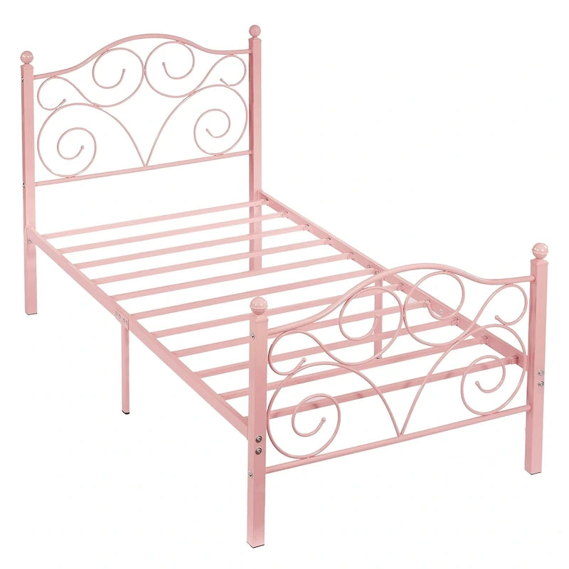 Cadre de lit en métal avec tête et pied de lit arqués, support à lattes en acier robuste, aucun sommier tapissier requis
