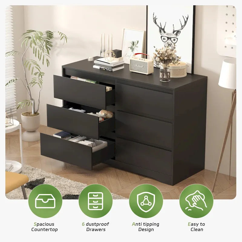 Commode de chambre double en bois à 6 tiroirs de 47,2 po de large