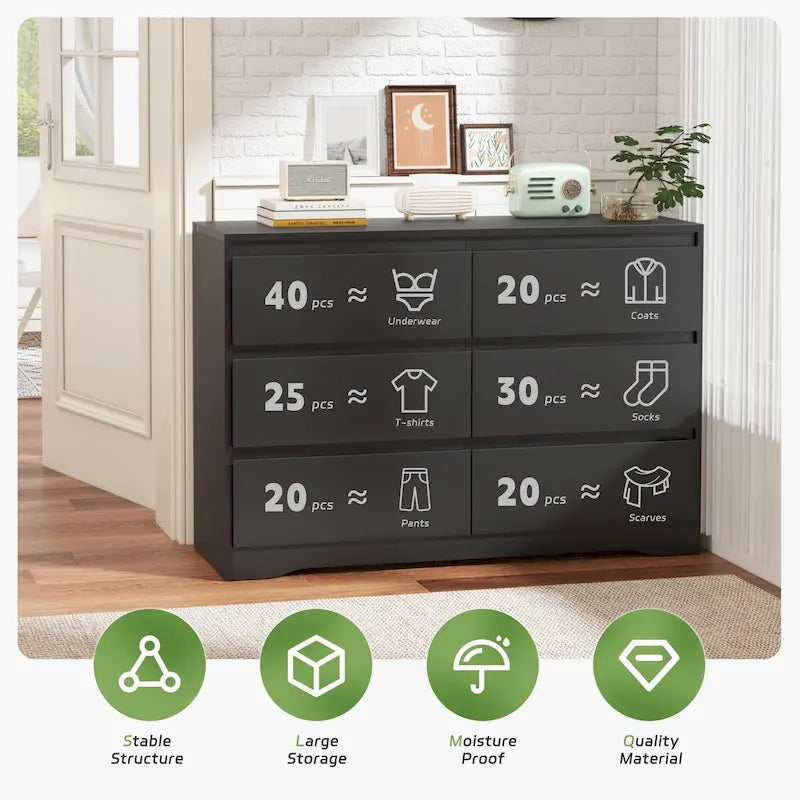 Commode de chambre double en bois à 6 tiroirs de 47,2 po de large