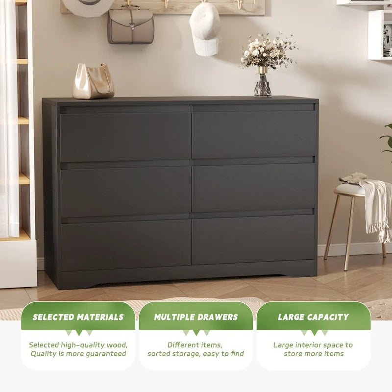 Commode de chambre double en bois à 6 tiroirs de 47,2 po de large