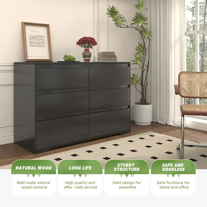 Commode de chambre double en bois à 6 tiroirs de 47,2 po de large