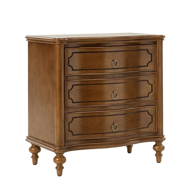 Table de chevet traditionnelle à 3 tiroirs avec pieds fuseaux en bois massif, par