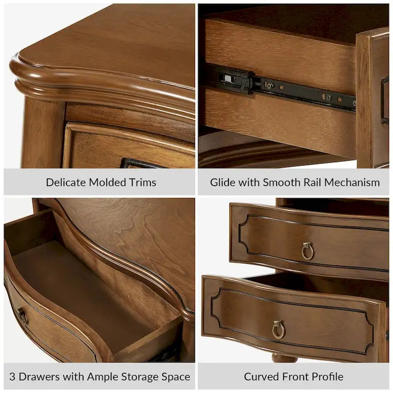 Table de chevet traditionnelle à 3 tiroirs avec pieds fuseaux en bois massif, par