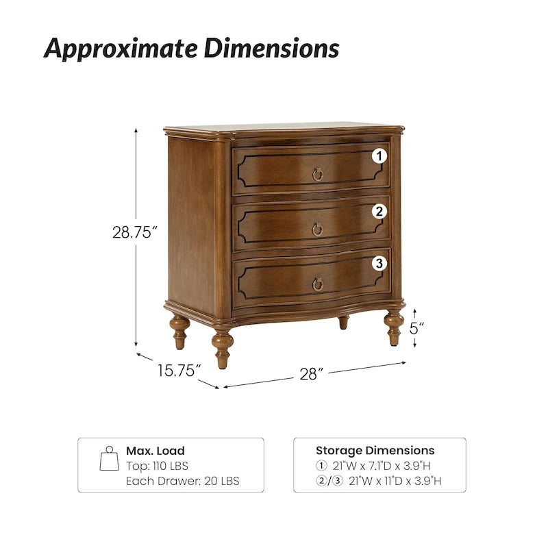 Table de chevet traditionnelle à 3 tiroirs avec pieds fuseaux en bois massif, par