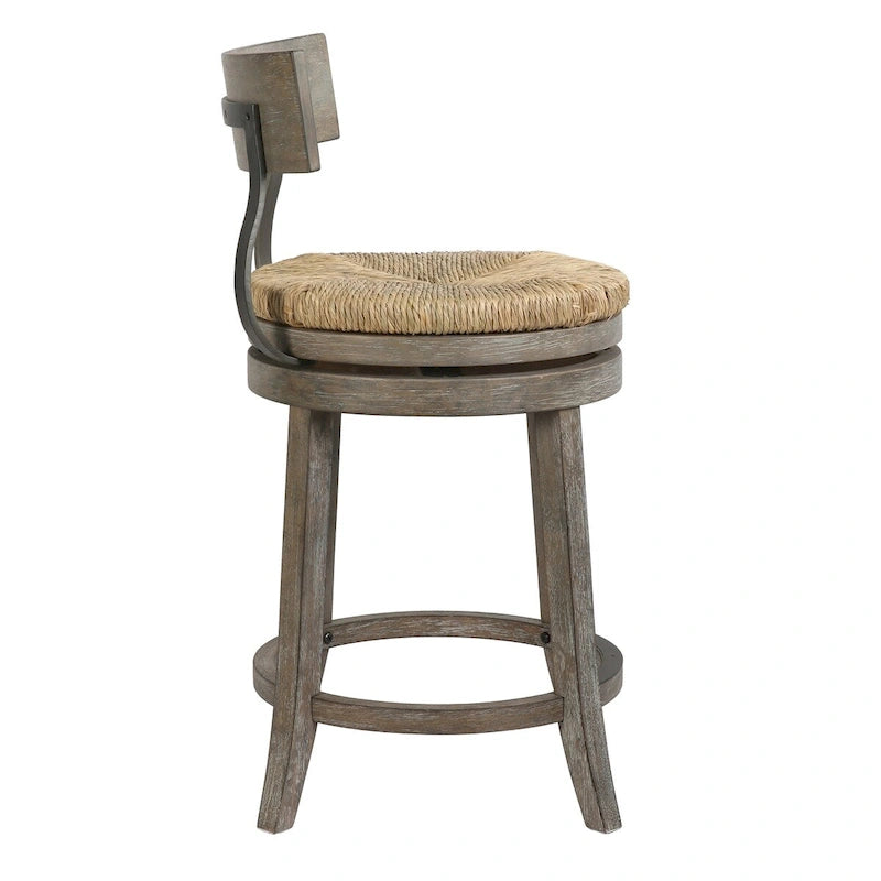 Tabouret de bar pivotant en bois et acier de style fermier avec assise en jonc de mer naturel