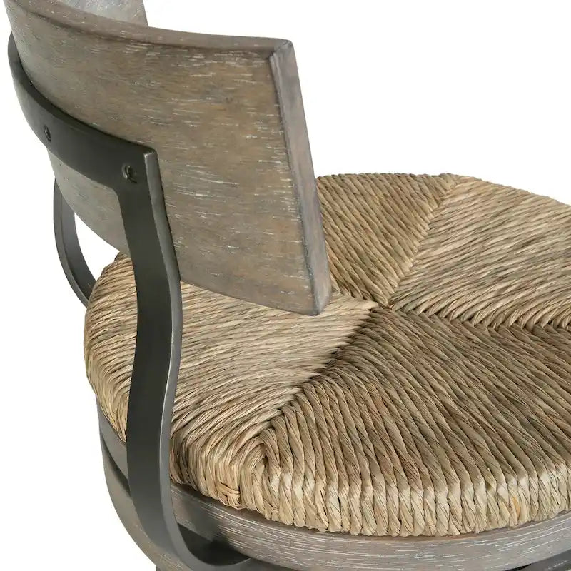 Tabouret de bar pivotant en bois et acier de style fermier avec assise en jonc de mer naturel