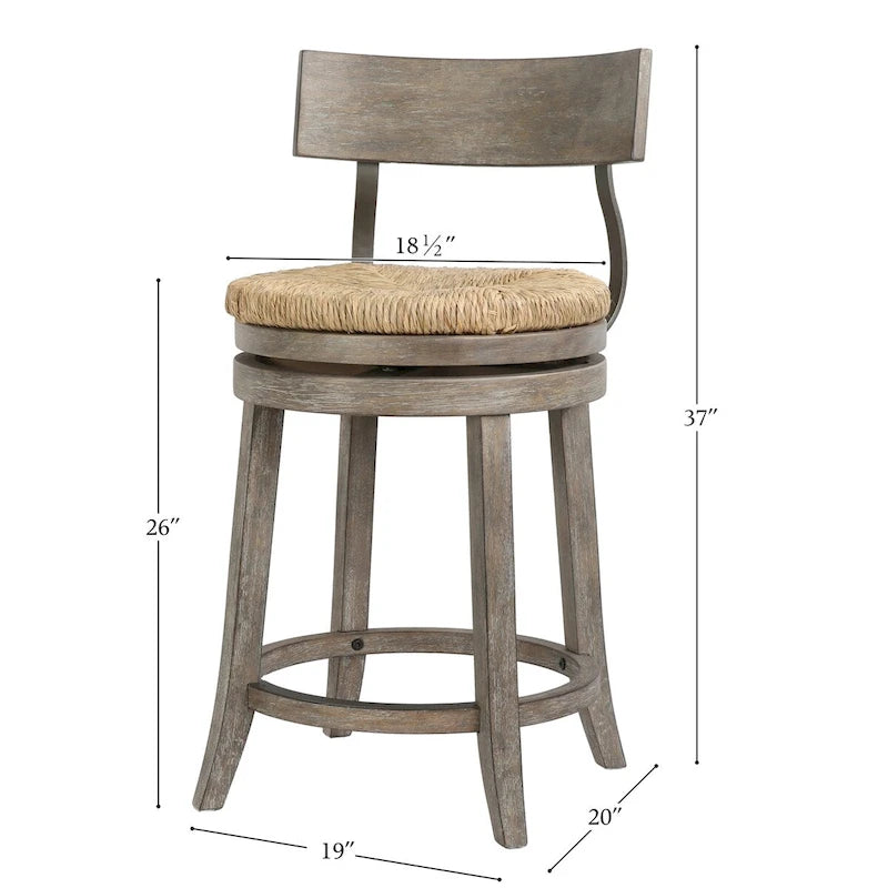 Tabouret de bar pivotant en bois et acier de style fermier avec assise en jonc de mer naturel