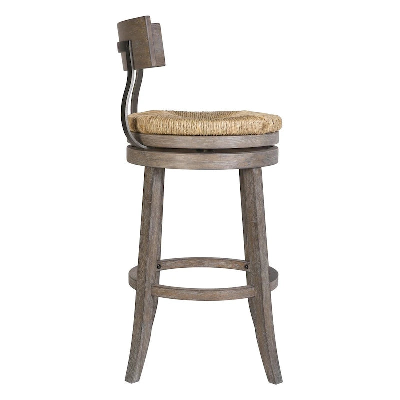 Tabouret de bar pivotant en bois et acier de style fermier avec assise en jonc de mer naturel