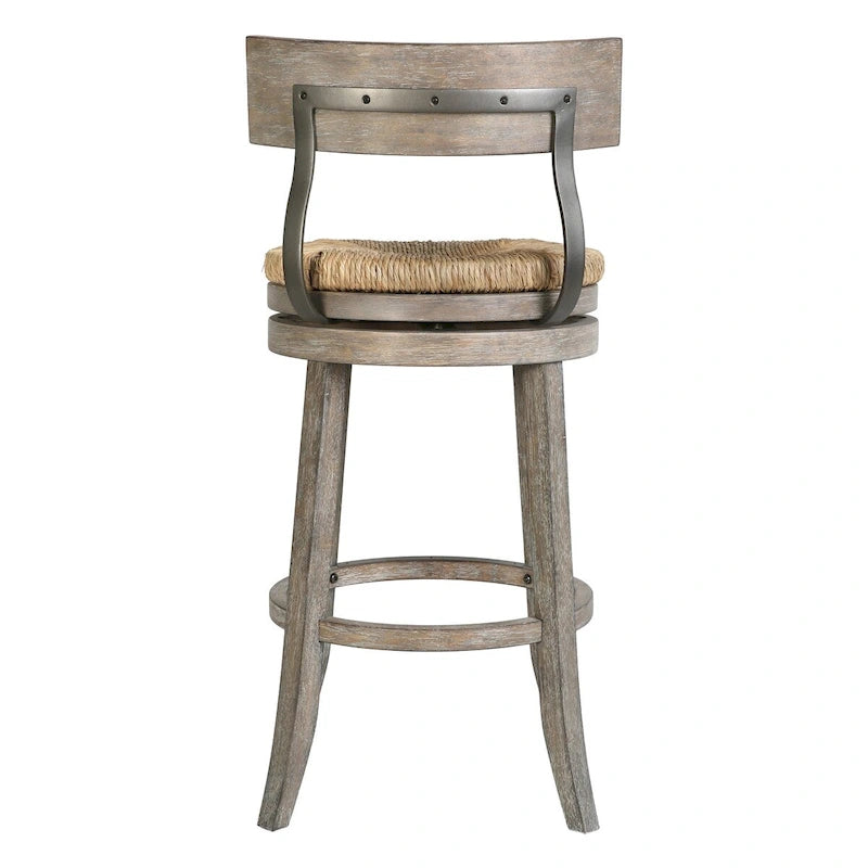 Tabouret de bar pivotant en bois et acier de style fermier avec assise en jonc de mer naturel
