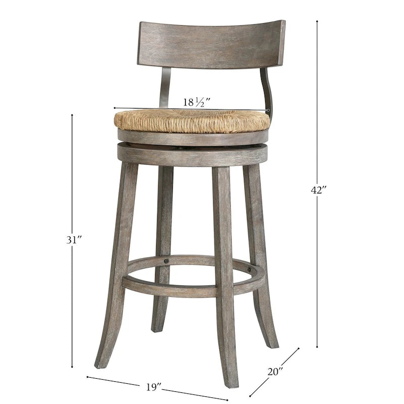 Tabouret de bar pivotant en bois et acier de style fermier avec assise en jonc de mer naturel
