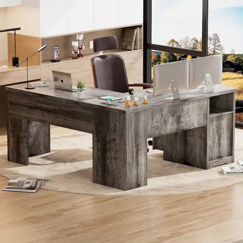 Bureau d'angle en L moderne style ferme avec plateau relevable, tiroirs pour dossiers et station de charge pour le bureau à domicile