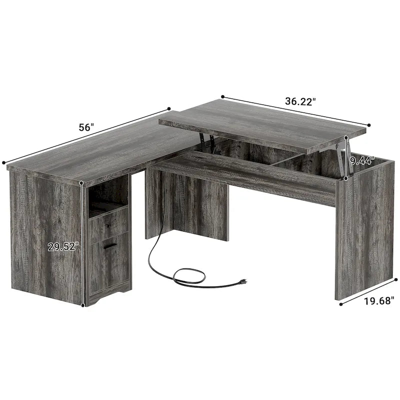 Bureau d'angle en L moderne style ferme avec plateau relevable, tiroirs pour dossiers et station de charge pour le bureau à domicile