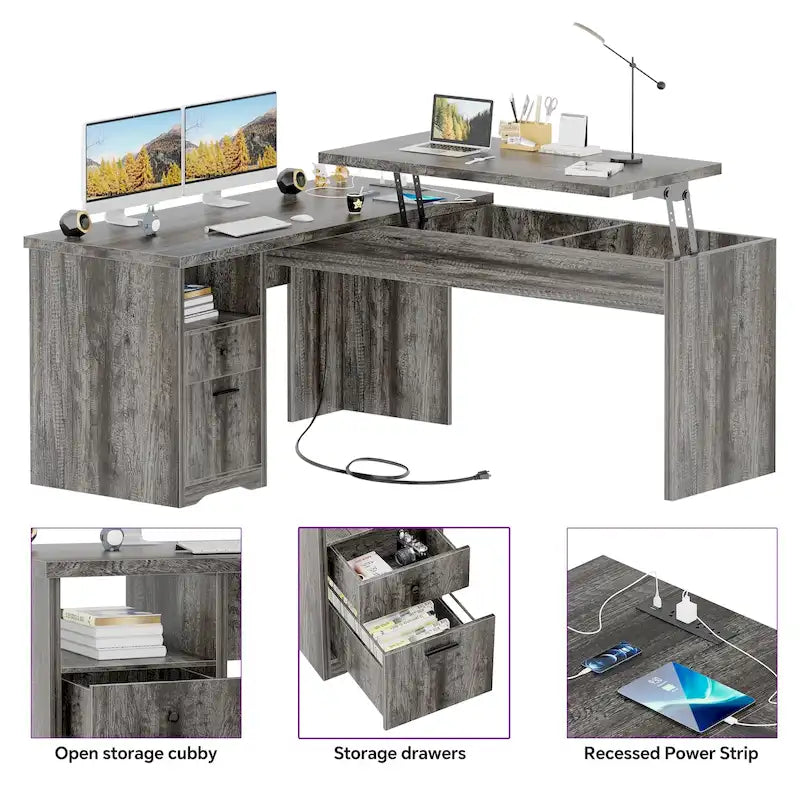 Bureau d'angle en L moderne style ferme avec plateau relevable, tiroirs pour dossiers et station de charge pour le bureau à domicile
