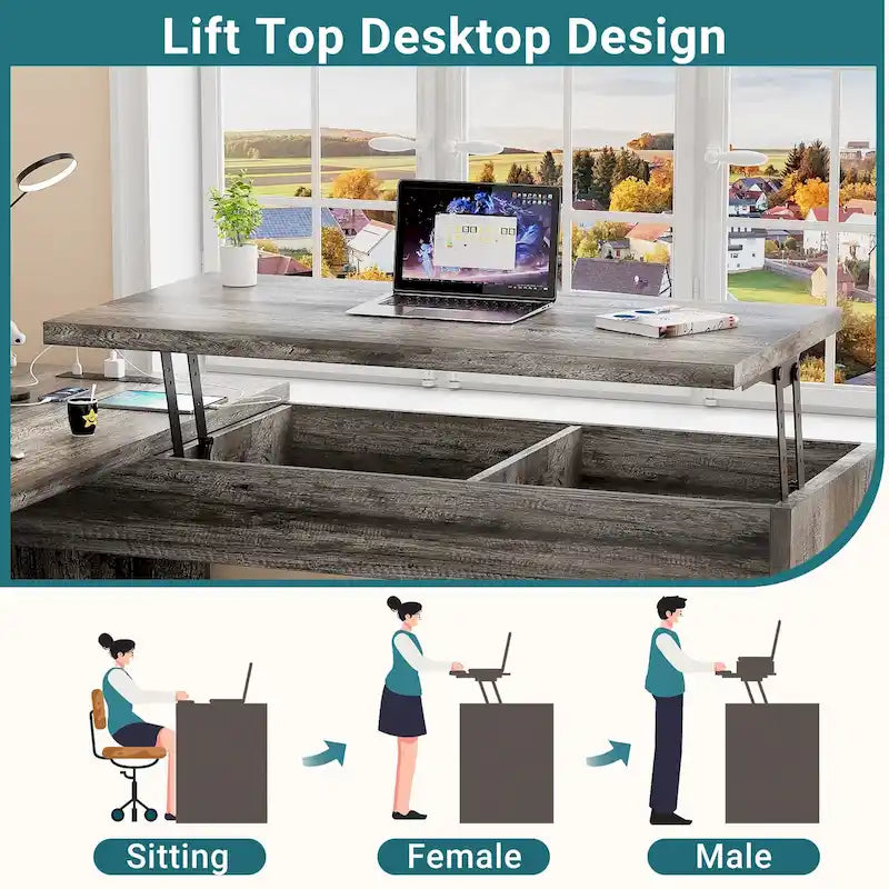 Bureau d'angle en L moderne style ferme avec plateau relevable, tiroirs pour dossiers et station de charge pour le bureau à domicile