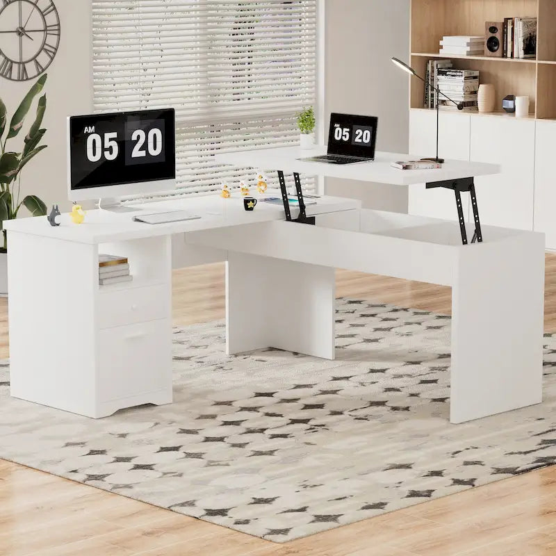 Bureau d'angle en L moderne style ferme avec plateau relevable, tiroirs pour dossiers et station de charge pour le bureau à domicile