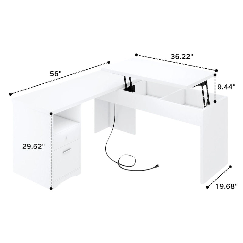 Bureau d'angle en L moderne style ferme avec plateau relevable, tiroirs pour dossiers et station de charge pour le bureau à domicile