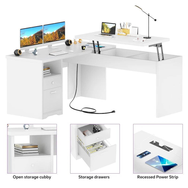 Bureau d'angle en L moderne style ferme avec plateau relevable, tiroirs pour dossiers et station de charge pour le bureau à domicile
