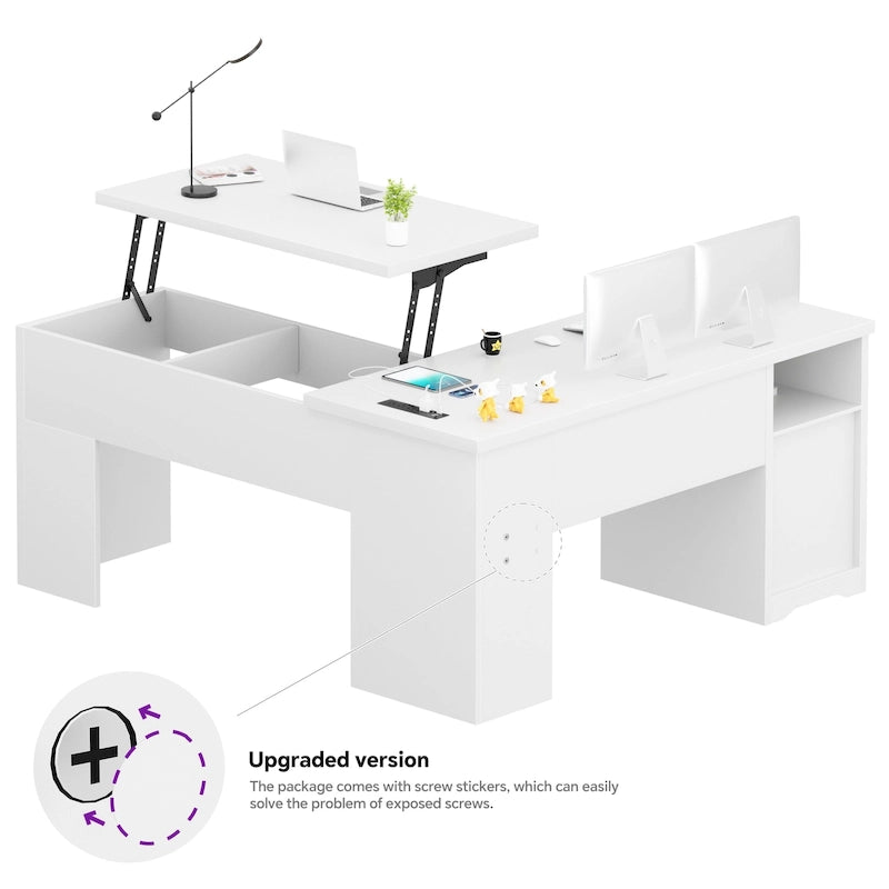 Bureau d'angle en L moderne style ferme avec plateau relevable, tiroirs pour dossiers et station de charge pour le bureau à domicile