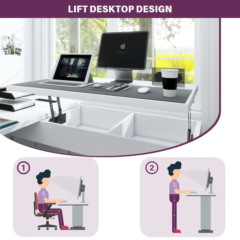 Bureau d'angle en L moderne style ferme avec plateau relevable, tiroirs pour dossiers et station de charge pour le bureau à domicile