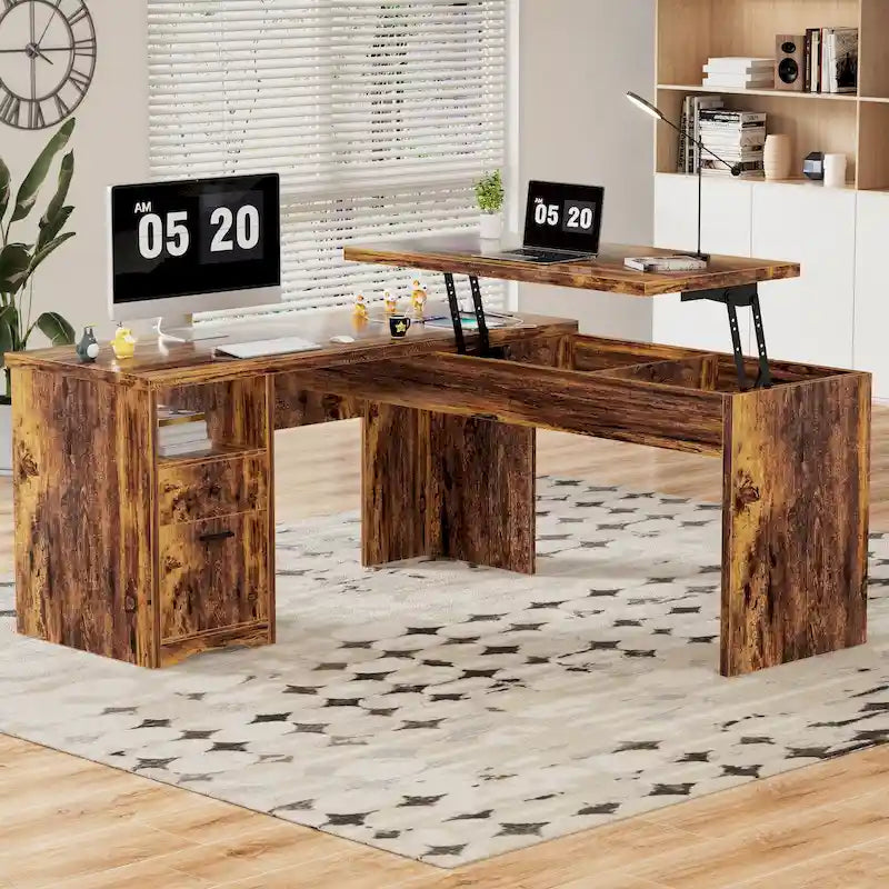 Bureau d'angle en L moderne style ferme avec plateau relevable, tiroirs pour dossiers et station de charge pour le bureau à domicile