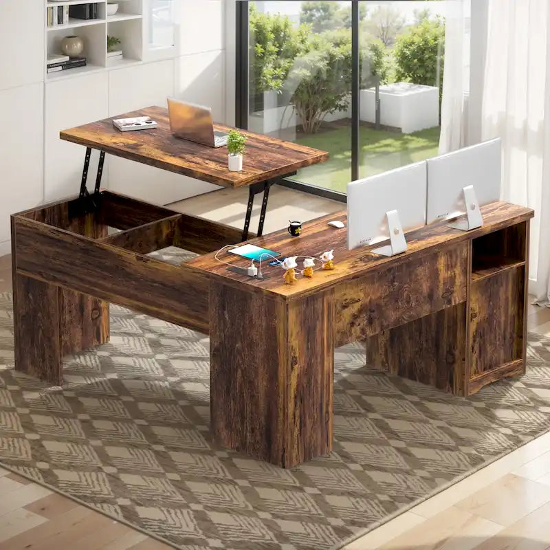 Bureau d'angle en L moderne style ferme avec plateau relevable, tiroirs pour dossiers et station de charge pour le bureau à domicile