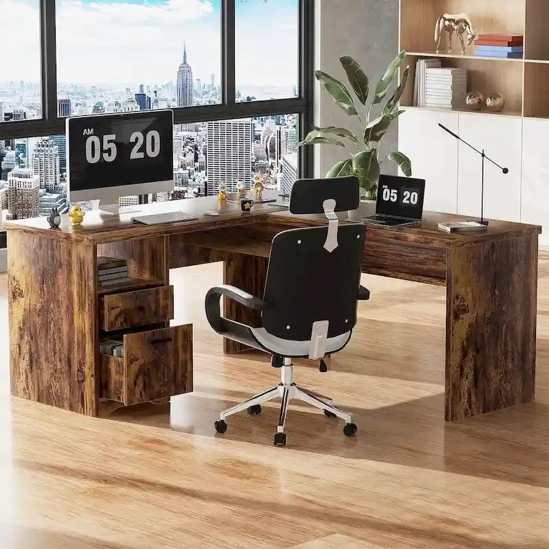 Bureau d'angle en L moderne style ferme avec plateau relevable, tiroirs pour dossiers et station de charge pour le bureau à domicile